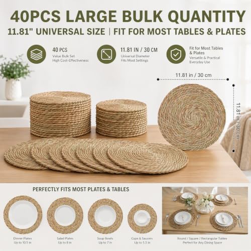40Pcs Round Placemats Bulk Plate Chargers Set, 11.81in Woven Placemat Rustic Braided Straw Rattan Charger Natural Cattail Place Mat for Wedding Party Table Single Tableware Use (40pcs) - Image 3