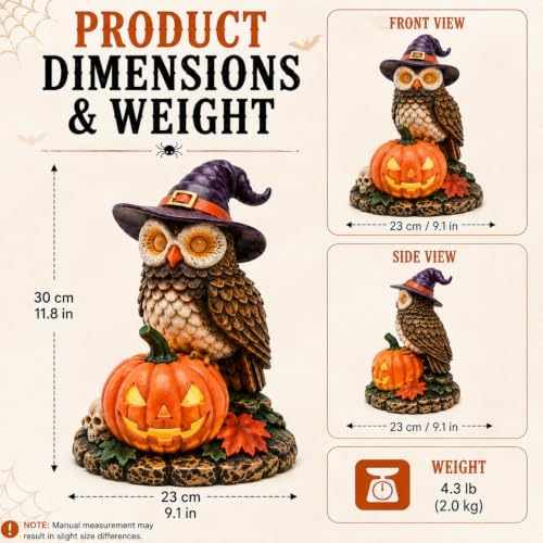 Solar Halloween Owl Figurine Light, Lighted Resin Owl Statue with Pumpkin, Outdoor Garden Decor for Porch, Yard and Patio, Seasonal Landscape Decoration - Image 3
