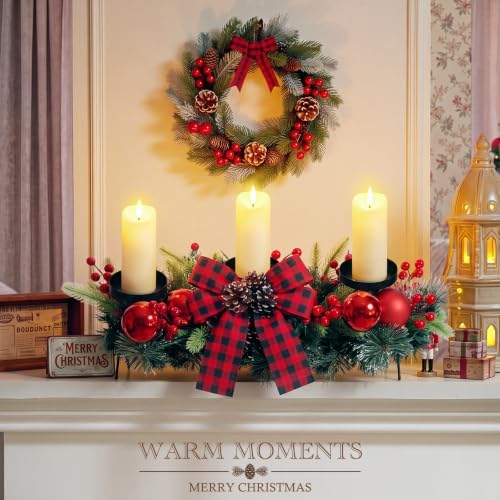 meekoo Christmas Centerpiece with 3 Candle Holders 3 LED Candles 1 String Lights Xmas Triple Candelabrum Red Buffalo Plaid Bow Berry with 3 Candle Holders for Tables Home Decorations - Image 5
