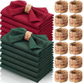 Preboun 24 Pcs Cloth Napkins 19"x19" with Napkin Rings, Green and Red by Preboun