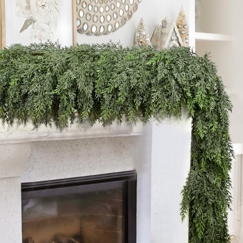 2PCS 9FT Thick Christmas Garland with 240 Cedar Branches, Real Touch Green Cedar Garland for Christmas Decorations, Artificial Greenery Garland for Table, Mantle, Wall, Indoor, Outdoor Holiday Decor by FAJUNZH