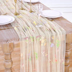 Beige White Floral Gauze Table Runner 10ft Embroidery Spring Tulle Linens by LuoluoHouse