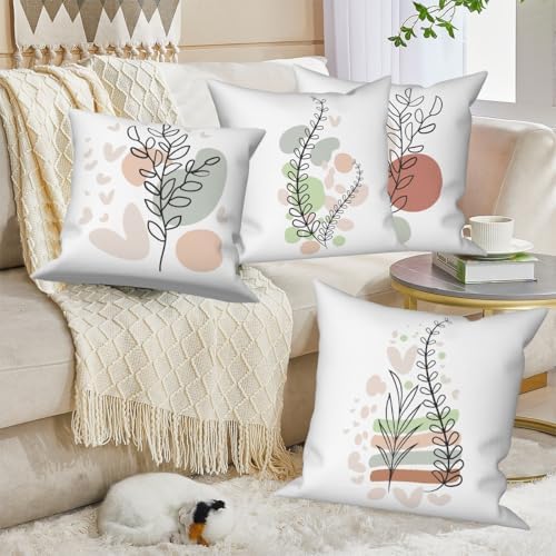 Bohemian Abstract Throw Pillow Covers 22"x22" Set of 4, Plant Leaves Geometric Minimalist Aesthetic Pillowcase for Sofa Chair Couch Bed Living Room Office Garden Patio Farmhouse Decorative - Image 5