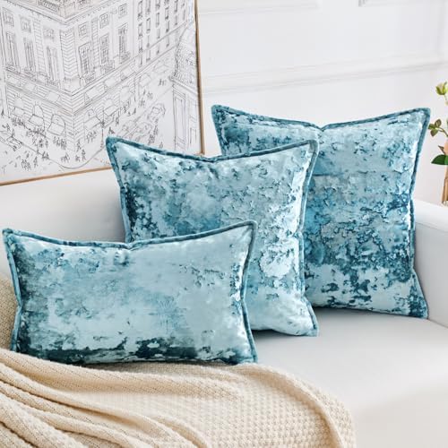 Premium Series, Crushed Velvet Throw Pillow Covers, Luxury Thick Cushion Cases for Home Decor, Ocean Blue, 12x20 Inch, Covers Only by HERAYLI