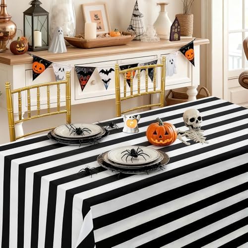 Fanqisi 2 Packs Black and White Striped Tablecloth 57 x 120 Inch Rectangle Waterproof Table Cover Halloween Table Cloth for Birthday Wedding Dining Banquet Outdoor Party Decorations - Image 2
