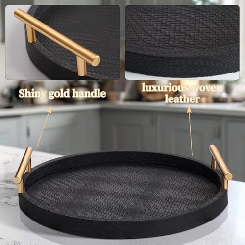 2 Piece Black Round Serving Tray with Handles, Woven-Texture Faux Leather Ottoman Tray for Living Room, Decorative Tray for Coffee Table Home Decor - Image 4