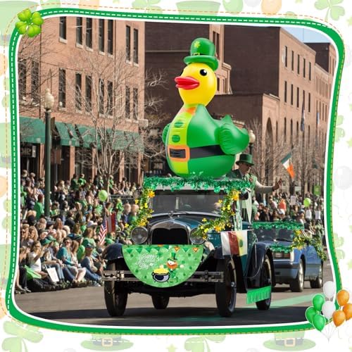 Hungdao St Patrick's Day Golf Cart Decorations Kit 4ft Inflatable Duck Blow up Kit Shamrock Car Decorations with Tinsel Garlands Fan Flag for Parade Outdoor Yard Party - Image 5