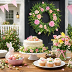 24 Inch Spring Wreath for Front Door, Pink Floral Wreath with Artificial Tulips, Dahlias & Eucalyptus, Hydrangeas and Peonies, Flower Wreath with Gift Box for Home Decorations - Image 5