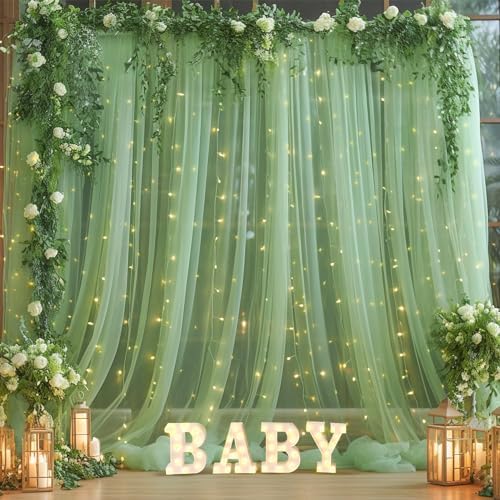 10x10ft Olive Green Tulle Backdrop Curtain with Lights String for Parites, Sheer Photo Backdrop Curtains for Wedding Baby Shower Birthday Party St. Patrick's Day Photo Shoot Background Decorations - Image 5