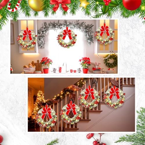 Ceenna 4 Pcs Pre-lit Artificial Christmas Wreaths 14 Inch Timer Lighted Christmas Wreaths with Bow Red Berries Pinecone Pine Needles 8 Model LED Light Xmas Wreath for Front Door Window Wall Holiday - Image 6