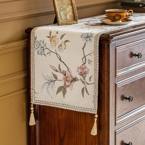 Floral Embroidered Dresser Runner 55" Non-Slip Tassels, Ivory by keemir