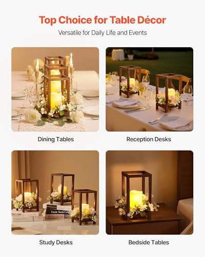 VEVOR 20 Set/60 Pcs Wooden Wedding Lantern Centerpiece, Includes 20 Wooden Lantern Candle Holder 20 Flameless LED Candle 20 Champagne Flower Wreath for Wedding Table Party Farmhouse Decor, Brown - Image 6