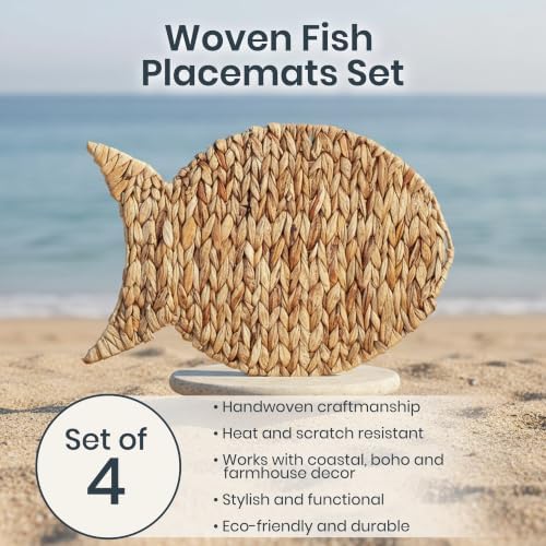 Woven Fish Placemats Set of 4 (12"x17") – Water Hyacinth Placemats Indoor – Farmhouse Placemat for Dining Table – Boho Place mats – Wicker Rattan Place mats - Image 2