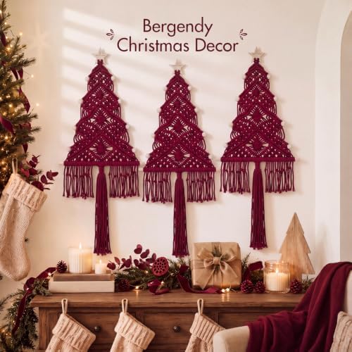 HunnmingRe 3 Pcs Large Macrame Christmas Tree Decor, Burgundy Red - Image 3