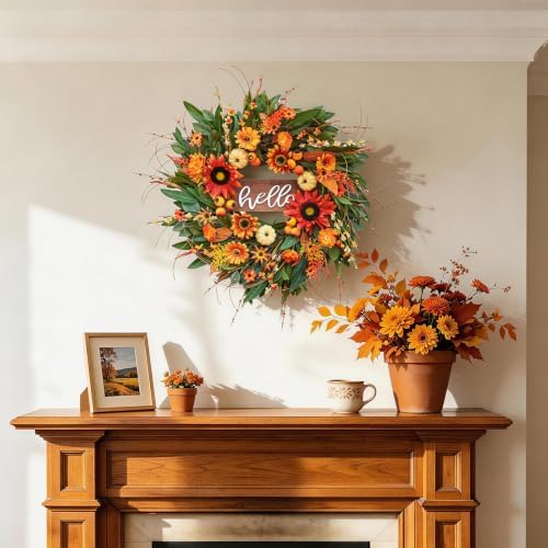24 Inch Artificial Fall Wreaths for Front Door Outside with Hello Sign'' - Image 5