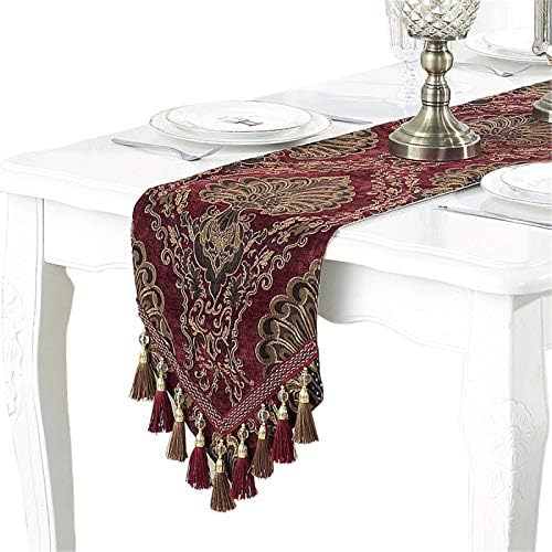 Embroidery Luxury Table Runner Jacquard Fabric Table Runner with Multi-Tassels for Dining Room Dresser Wedding Party Decorations, 13" x 62", Red by Dimatic