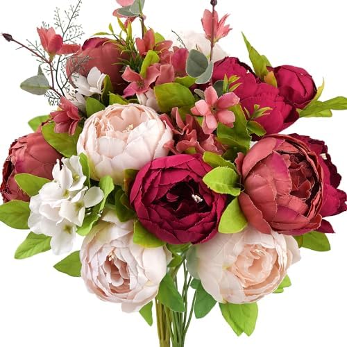 FiveSeasonStuff Burnt Pink and Dusty Pink Vintage Artificial Peonies Silk Flowers and Hydrangeas for Wedding Bridal Home Decor – Beautiful Floral Centerpiece Bouquet (Fireside Romance) by FiveSeasonStuff