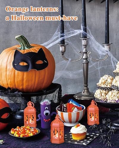 12Pack Mini Lanterns for Ramadan, Halloween, Christmas, Small Lanterns with Flickering LED Candle for Enchanted Forest Wedding, Moroccan Lantern for Table Centerpiece, Medieval Decor, Orange - Image 6