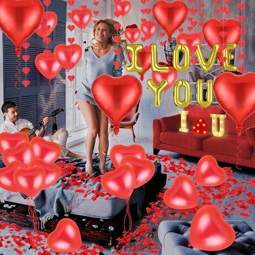 Romantic Anniversary Valentines Day Decorations Bedroom Special Night Decorations with I Love You Light Sign Balloons, Rose Petals, Artificial Roses, Red Heart Strings for Room Hotel Anniversary Decor - Image 6