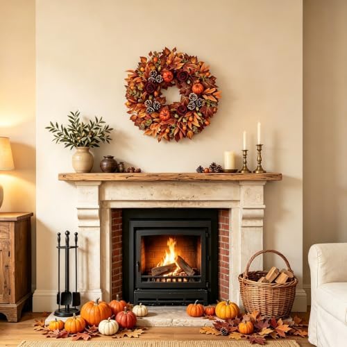 24 Inch Fall Wreath for Front Door, Autumn Wreath with Pumpkins, Roses, Maple Leaves, Harvest Fall Door Wreath for Porch, Window, Mantel, Thanksgiving Farmhouse Decor - Image 5
