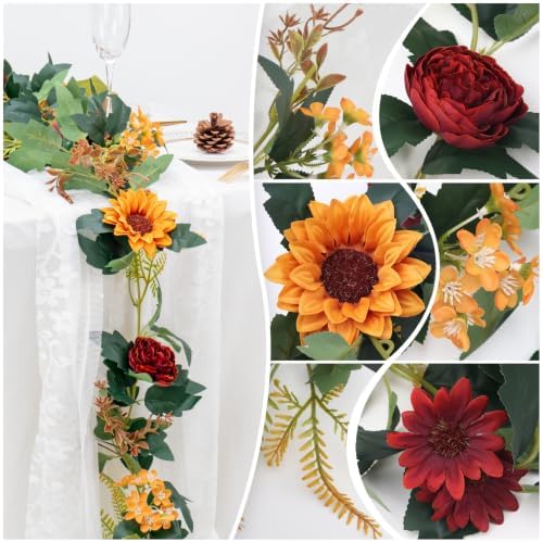 MAKHOT 2Pack Artificial Maple Leaves and Sunflowers Burgundy Roses Garland - Image 2