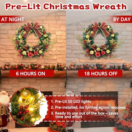 16 in Pre-Lit Christmas Door Wreath with Timer & Hanger & 50LED Warm Lights - Image 4