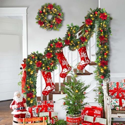 WANNA-CUL Pre-Lit 24 Inch Red Gold Christmas Wreath for Front Door - Image 2