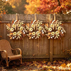 6 Pcs Small Fall Hanging Wreaths with Artificial Autumn Daisy Flowers Brown Leaves Wheat Sprigs Burlap Bow Mini Cabinet Wreath for Home Table Centerpieces Kitchen Farmhouse Thanksgiving Harvest Decor - Image 6