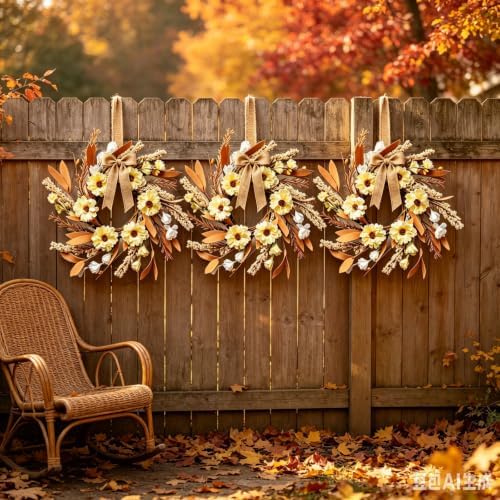 6 Pcs Small Fall Hanging Wreaths with Artificial Autumn Daisy Flowers Brown Leaves Wheat Sprigs Burlap Bow Mini Cabinet Wreath for Home Table Centerpieces Kitchen Farmhouse Thanksgiving Harvest Decor - Image 6