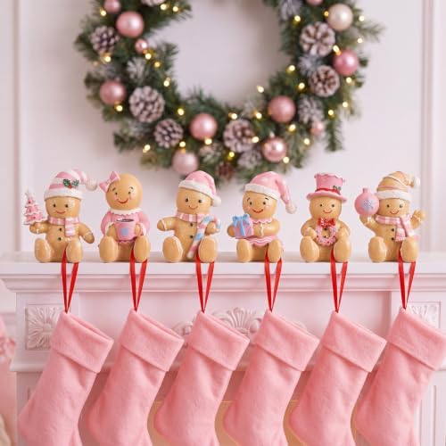 Wonderjune 6 Pcs Christmas Stocking Holders for Mantle, Pink Gingerbread - Image 2