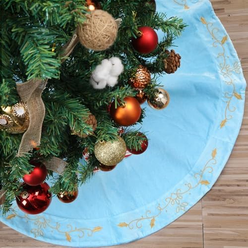 60inch Extra Large Christmas Tree Skirt Blue Luxury Velvet Plush Fur Skirts with Gold Embroidery Xmas Velvet Tree Skirt Holly Leaves Gold Embroidered Trees Skirts for Christmas Holiday Party Decor - Image 6