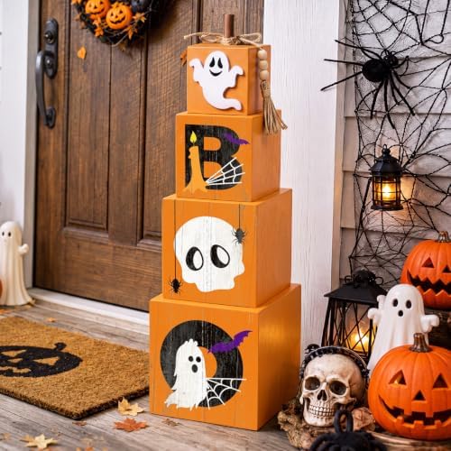 Chumia Fall Porch Outdoor Decor Stacked Pumpkin Ghost Boo Box for Halloween - Image 2