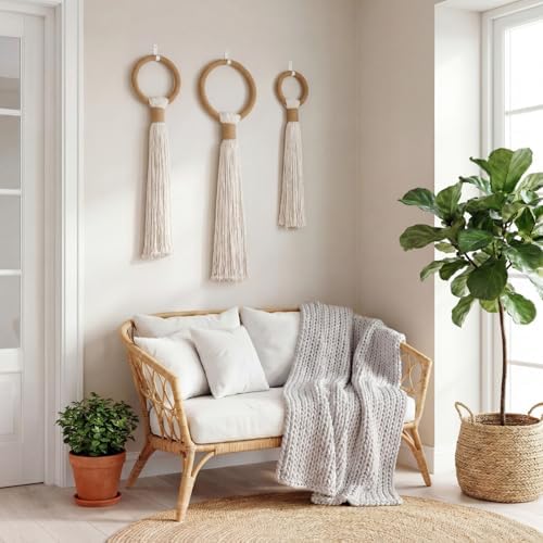 Tegeme 3 pcs Macrame Wall Hanging decor, Ring Tassel, Beige, Wire - Image 4