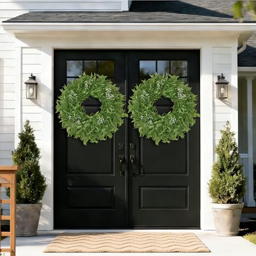 26 Inch Large Boxwoods Wreaths for Front Door Artificial Green Eucalyptus Leaves Greenery Indoor Outdoor Wreath Home Decor Porch Window Wall Farmhouse Door Decorations Spring Summer All Season - Image 3
