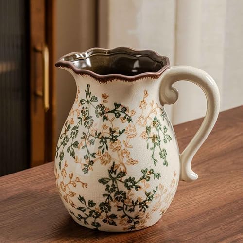 Vintage Ceramic Vase with Handle, Green and Beige Rustic Flower Pitcher Vase for Home Decor, Decorative Vase for Living Room, Bookshelf, Office, Vases for Centerpieces 8 Inch by Unknown