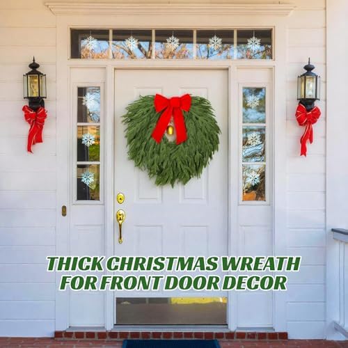 24" Norfolk Pine Wreath, Artificial Christmas Wreaths, Real Touch Green Winter Garland for Front Door Wall Indoor Outdoor Christmas Holiday Decor, with Bow & Bell, FF12 - Image 2