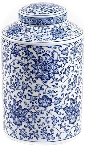 Blue and White Ginger Jar, Ceramic Chinoiserie Decorative Jars for Home, Office, Flower Vase Pocelain, Glossy Vase for Table, Living Room, Bookshelf, Mantle Fireplace, Centerpieces 11" by KuJaRen