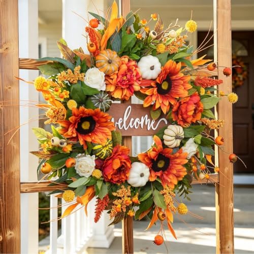 24 Inch Fall Wreaths for Front Door Outdoor, Autumn Wreath for Thanksgiving - Image 3