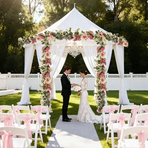 2Pcs Flower Garland Decorations, 12.27Ft Pink Flowers Rose Garland, Artificial Eucalyptus Greenery Vines with Floral for Wedding Wall Arch Table Centerpieces Backdrop Room Decor (Pink) - Image 4