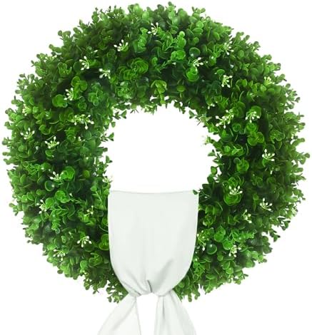 24'' Boxwood Wreaths Front Door, Foldable Green Wreath with a Sash by HecatyDecorateYourHome