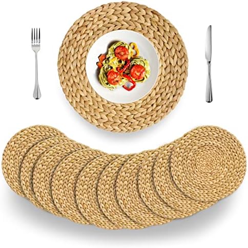 BARIEN Woven Placemats Round Set of 10, Natural Water Hyacinth Weave Placemat for Dining Table, Large Handmade Woven Placemats Heat Resistant Non-Slip (15") by BARIEN