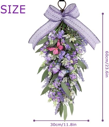 Jusdreen 23.6" LED Teardrop Wreath, Faux Lavender & Butterflies, Farmhouse - Image 2