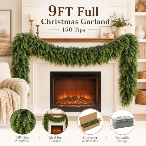 9ft Real Touch Artificial Christmas Cedar Garland for Mantle - Image 3