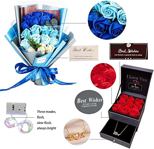 EIGHTOWN Roses Bouquet Artificial Flower - Preserved Blue Rose Flowers with Love Necklace for Her - Unique Gifts Valentine's Day, Mother's Day, Thanksgiving, Birthday, Anniversary - Image 3