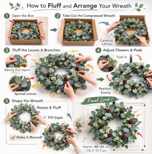 Summer Wreaths for Front Door, 24 in, Eucalyptus Leaf, White Berry - Image 5