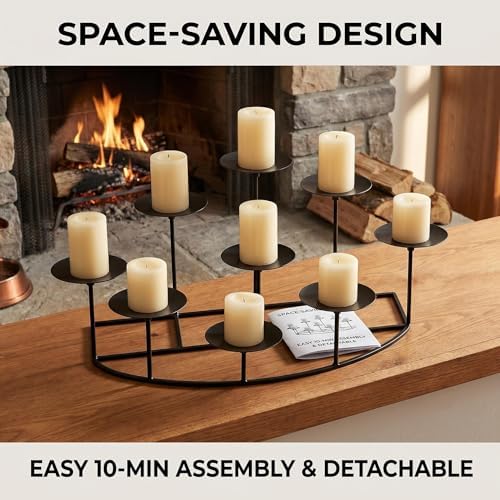 9-Tier Fireplace Candelabra Candle Holder, Modern Geometric Matte Black Metal Candle Stand with Stable Curved Base, 9 Pillar Candle Holder Centerpiece for Mantel, Table, Christmas, Wedding Decor - Image 7