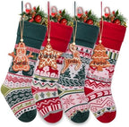 Christmas Stockings 4 Pack, 21 Inch Large Family Christmas Stocking, Red and Green Reindeer Snowman Xmas Stocking for Fireplace,Christmas Decorations by HiPeep