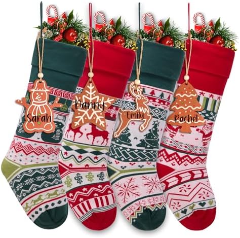 Christmas Stockings 4 Pack, 21 Inch Large Family Christmas Stocking, Red and Green Reindeer Snowman Xmas Stocking for Fireplace,Christmas Decorations by HiPeep