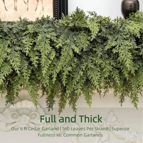 6FT 1Pcs Christmas Cedar Garland Artificial Realistic Soft Thick Green Faux Lush Cedar Pine Garland for Fireplace Mantel Stairs Doorframe Table Porch Indoor Outdoor Holiday Decor - Image 5