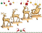 Antique Gold Reindeer & Sleigh Stocking Holder Set for Mantle Set of 4,Deer Stocking Hangers for Firepiece,Christmas Decorations Mantel Hanger for Stocking/Garland (Retro Gold) by Cesdai
